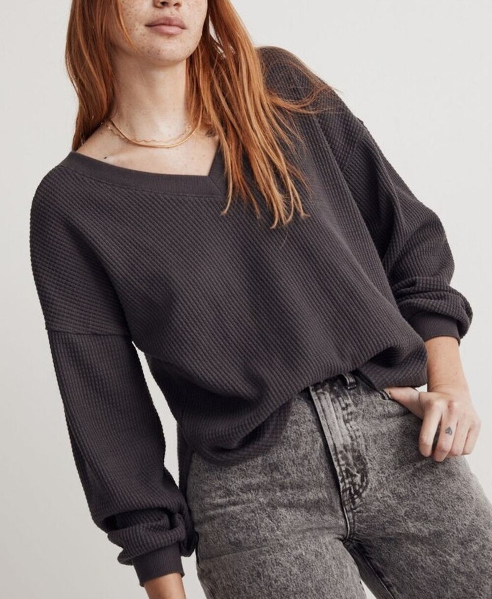 Madewell Waffle Knit V-Neck Long-Sleeve Pullover Sweater Coal Black XL